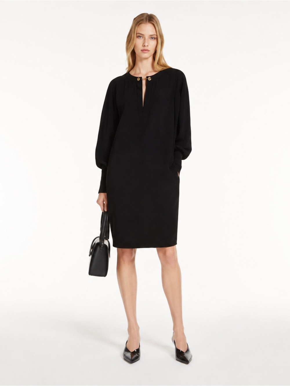 Max Mara Studio Asti Black Cady Sheath Dress Gold Detail US 16